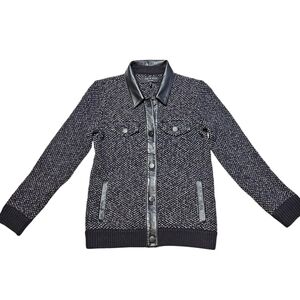Rag & Bone Black Leather Trim Button Down Knit Shirt Jacket Women's Size XXS